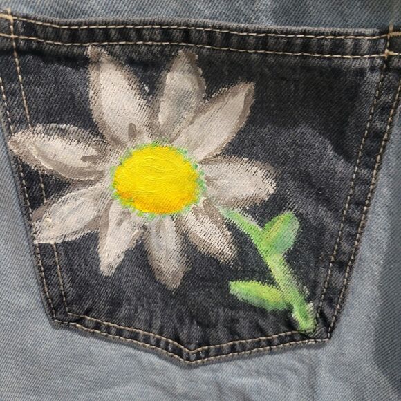 Hand Painted Denim Mini Skirt size 12 Daisy Field patchwork One of a Kind Rare - Picture 7 of 12